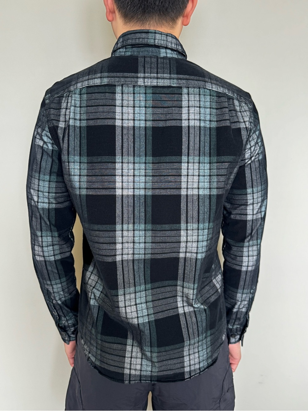 Express Men's Black, Gray and Teal Plaid Button-Down Shirt
